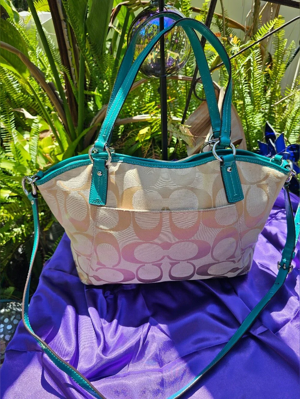Coach Signature Sateen Teal Patent Leather Satchel Crossbody Bag